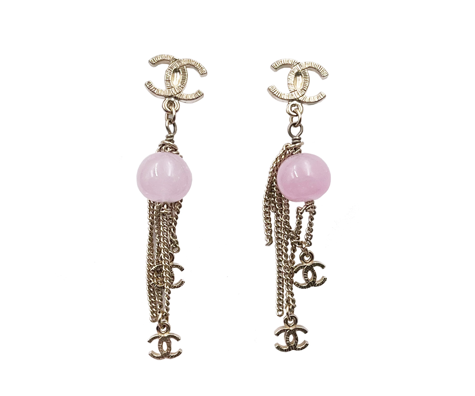 Chanel Gold CC Pink Stone Chain Drop Clip on Earrings - LAR Vintage