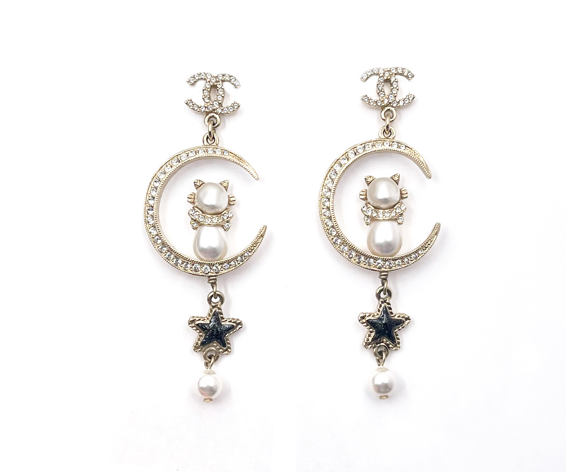 Chanel Super Rare Gold CC Moon Cat Star Dangle Piercing Earrings
