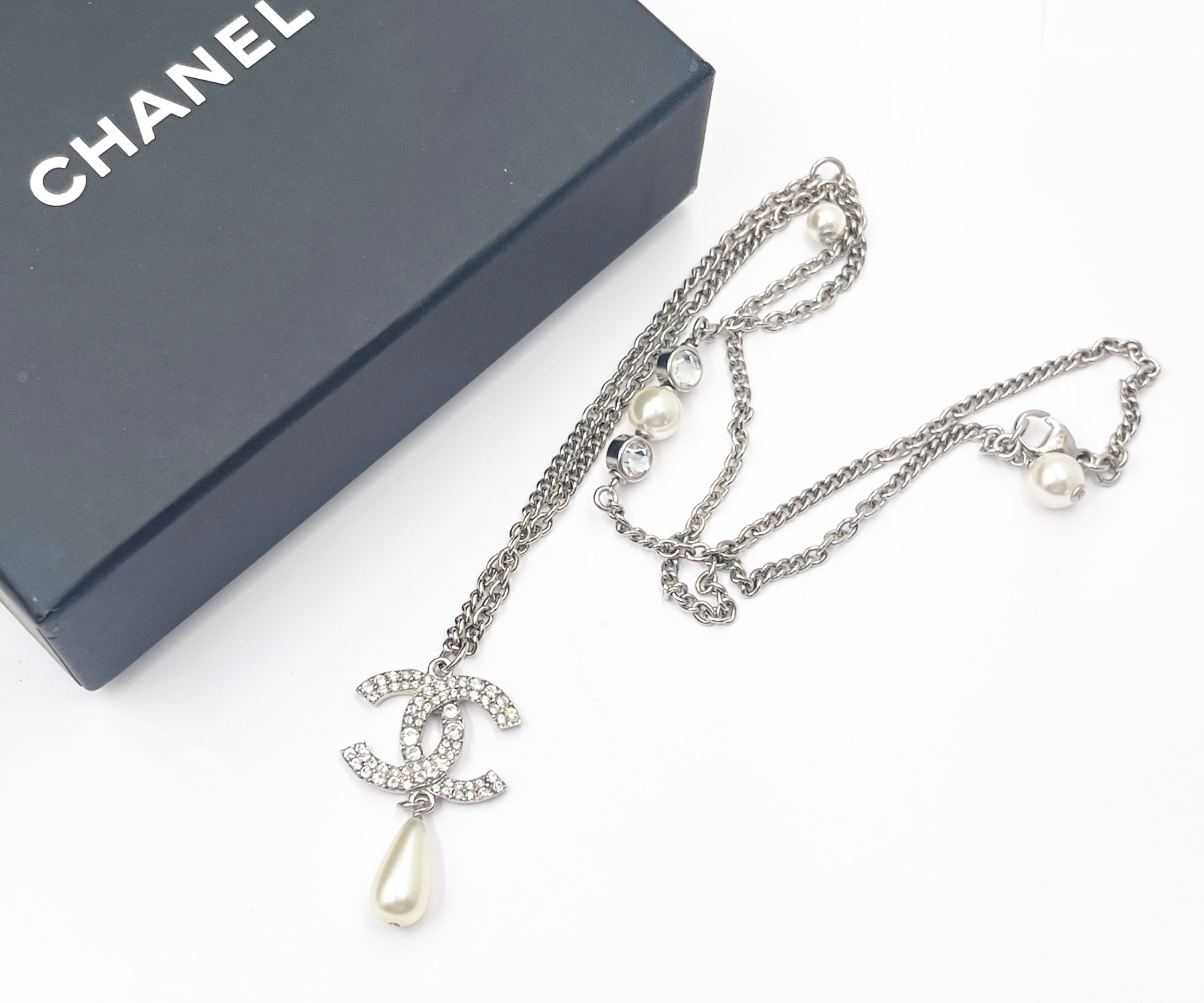 Chanel Silver CC Crystal Tear Drop Pearl Necklace - LAR Vintage