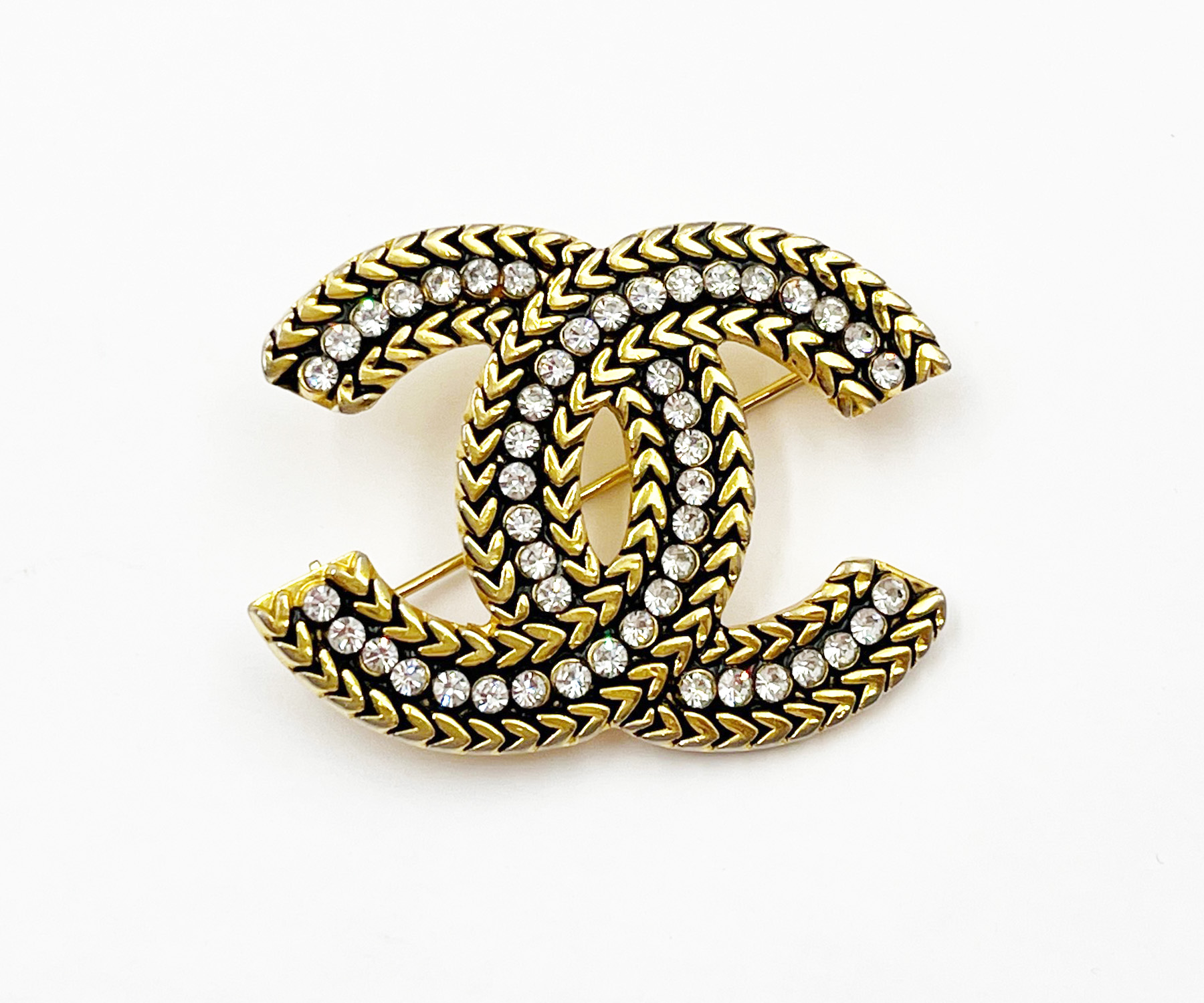 Chanel Vintage Gold Plated CC Greek Black Crystal Brooch