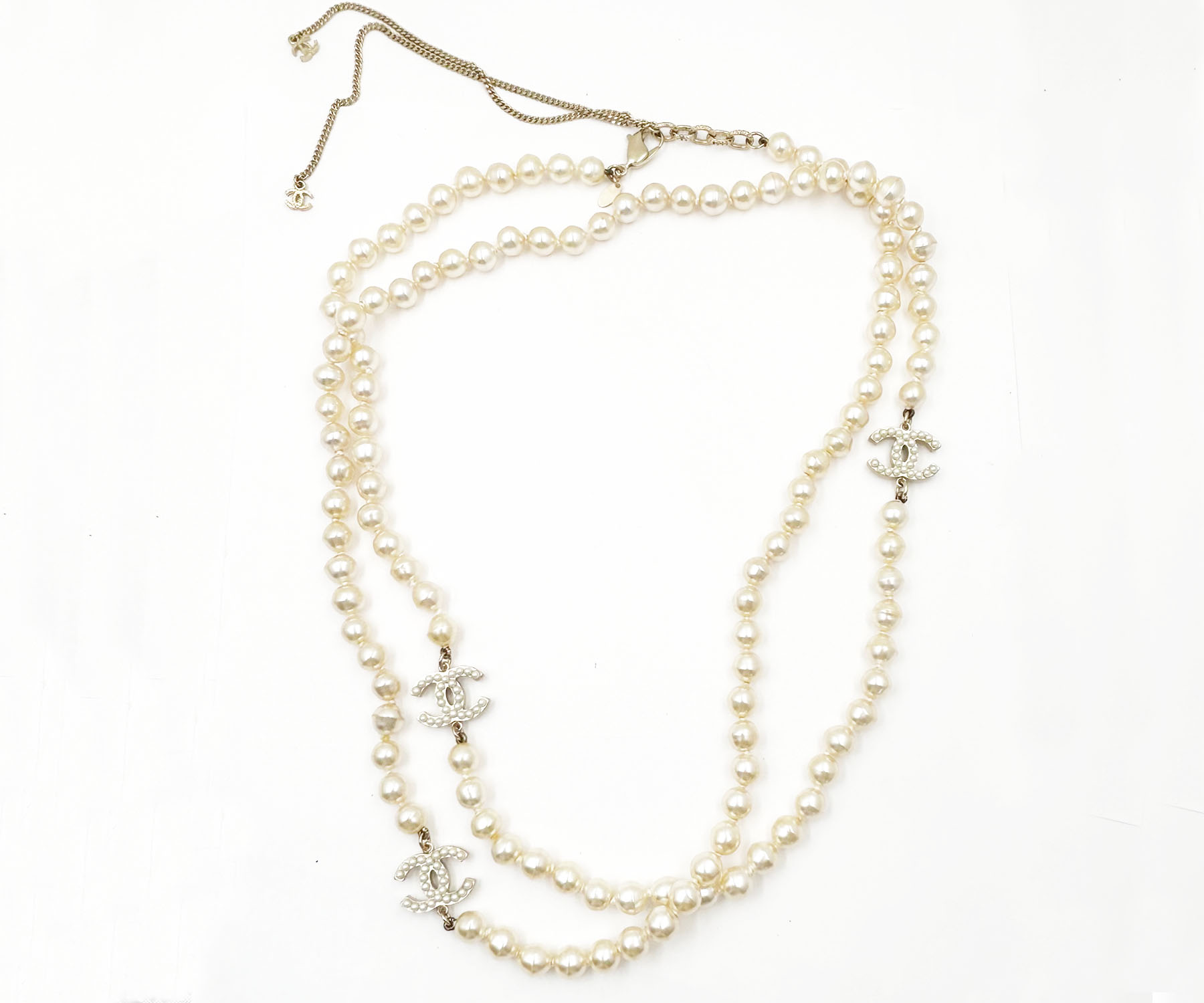 Chanel 3 Gold CC Pearl Faux Fresh Water Pearl Long Necklace - LAR
