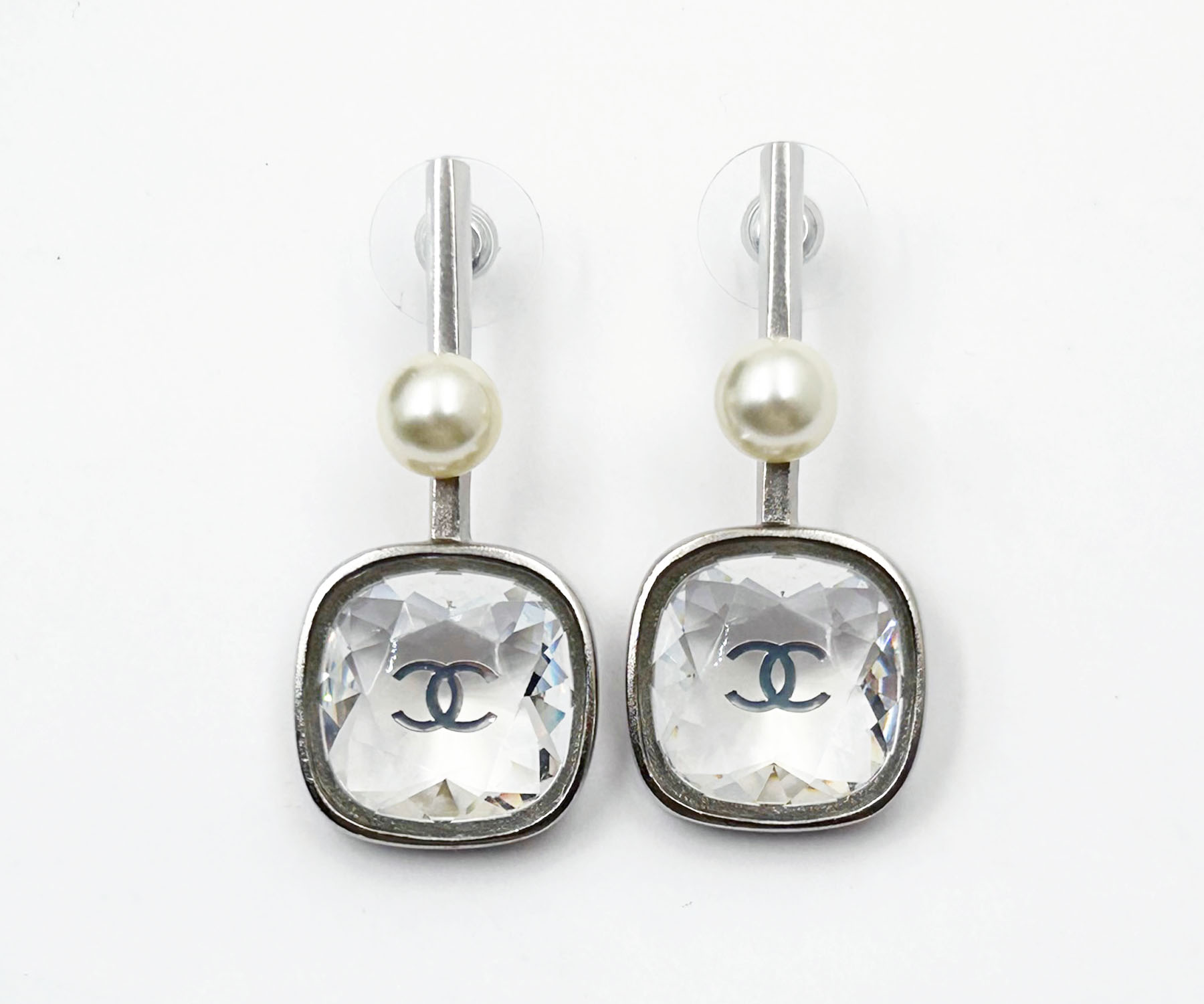 Chanel Silver CC Princess Crystal Geo Pearl Large Drop Piercing Earrings