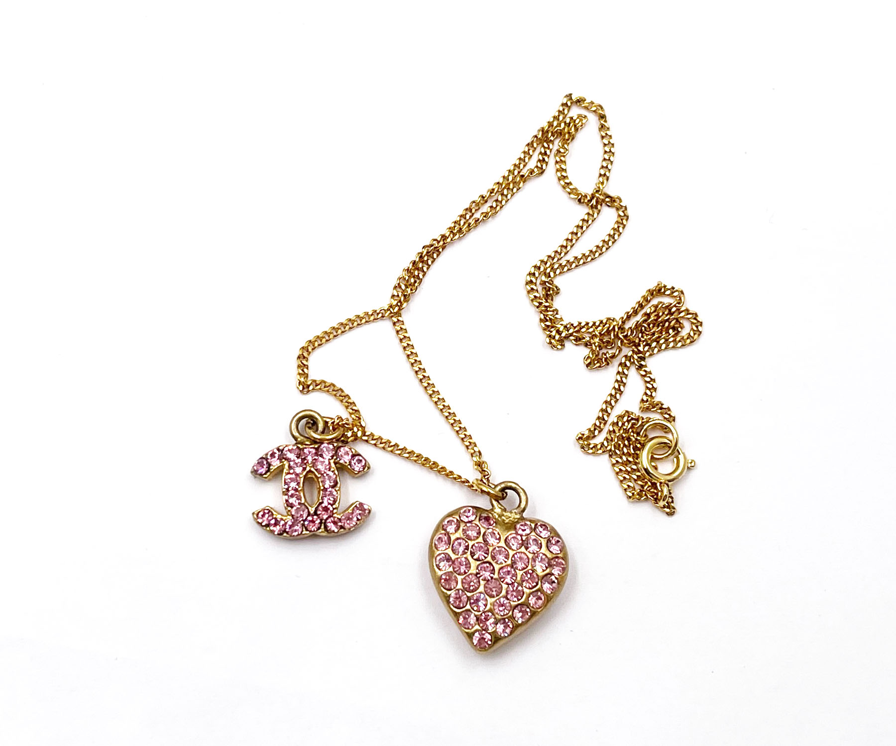 Chanel Vintage Gold Plated CC Heart Pink Crystal Necklace