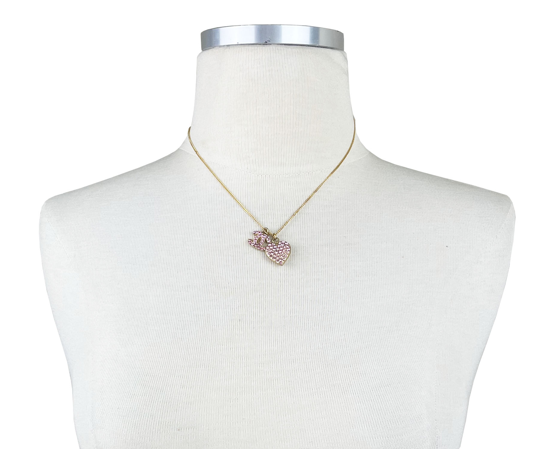 Chanel Vintage Gold Plated CC Heart Pink Crystal Necklace - LAR