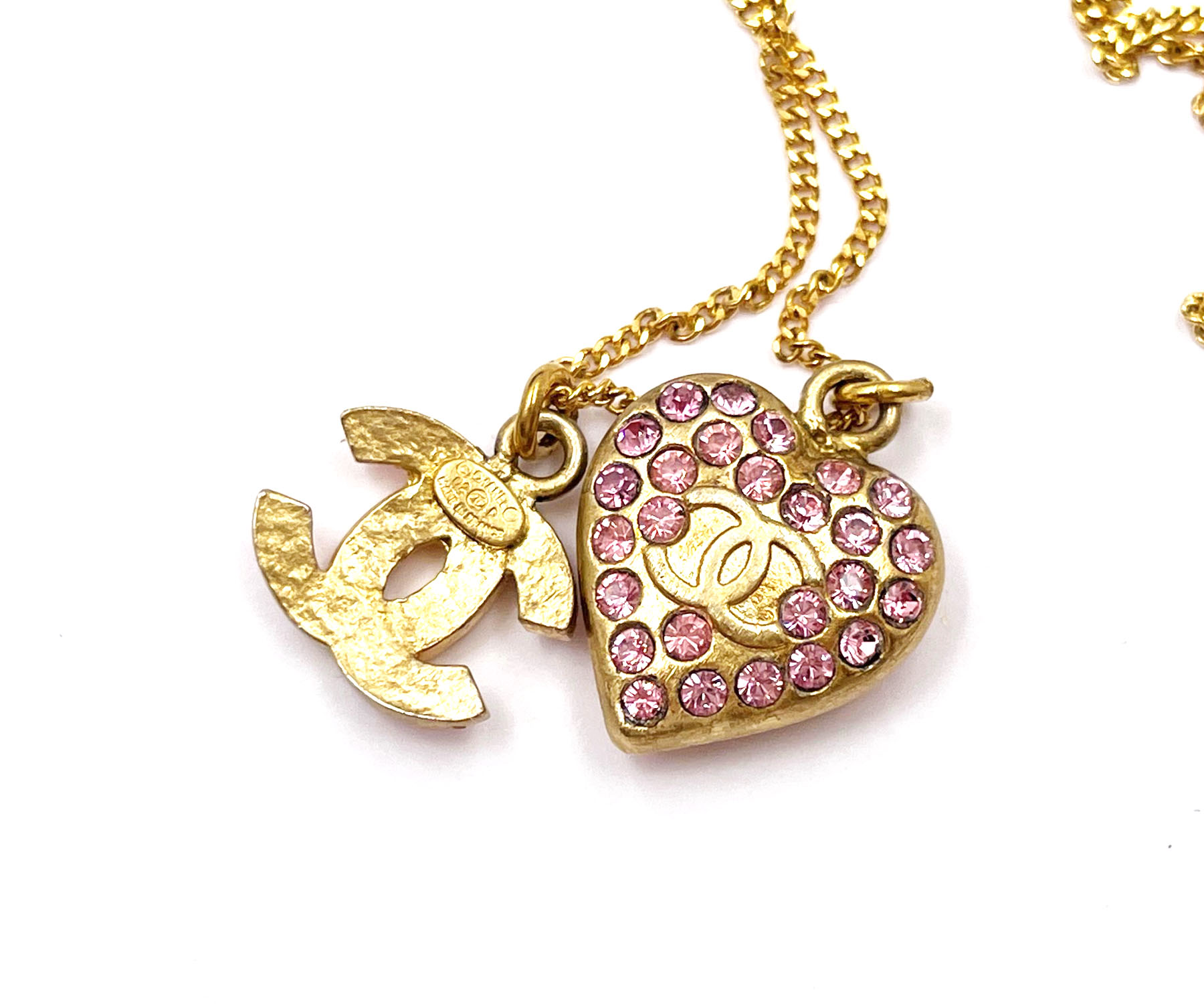 Chanel Vintage Gold Plated CC Heart Pink Crystal Necklace