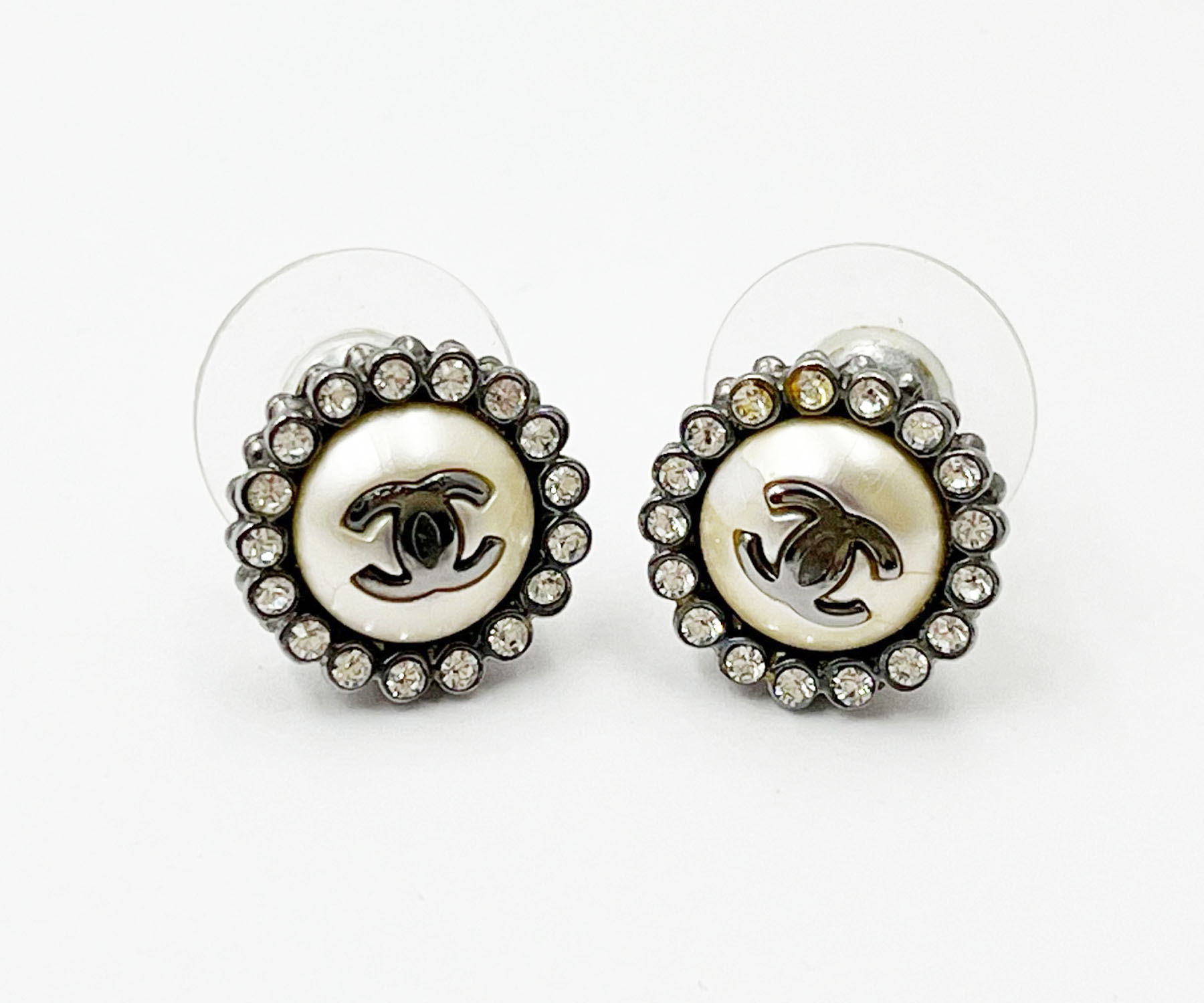 Chanel Gunmetal CC Round Crystal Small Piercing Earrings