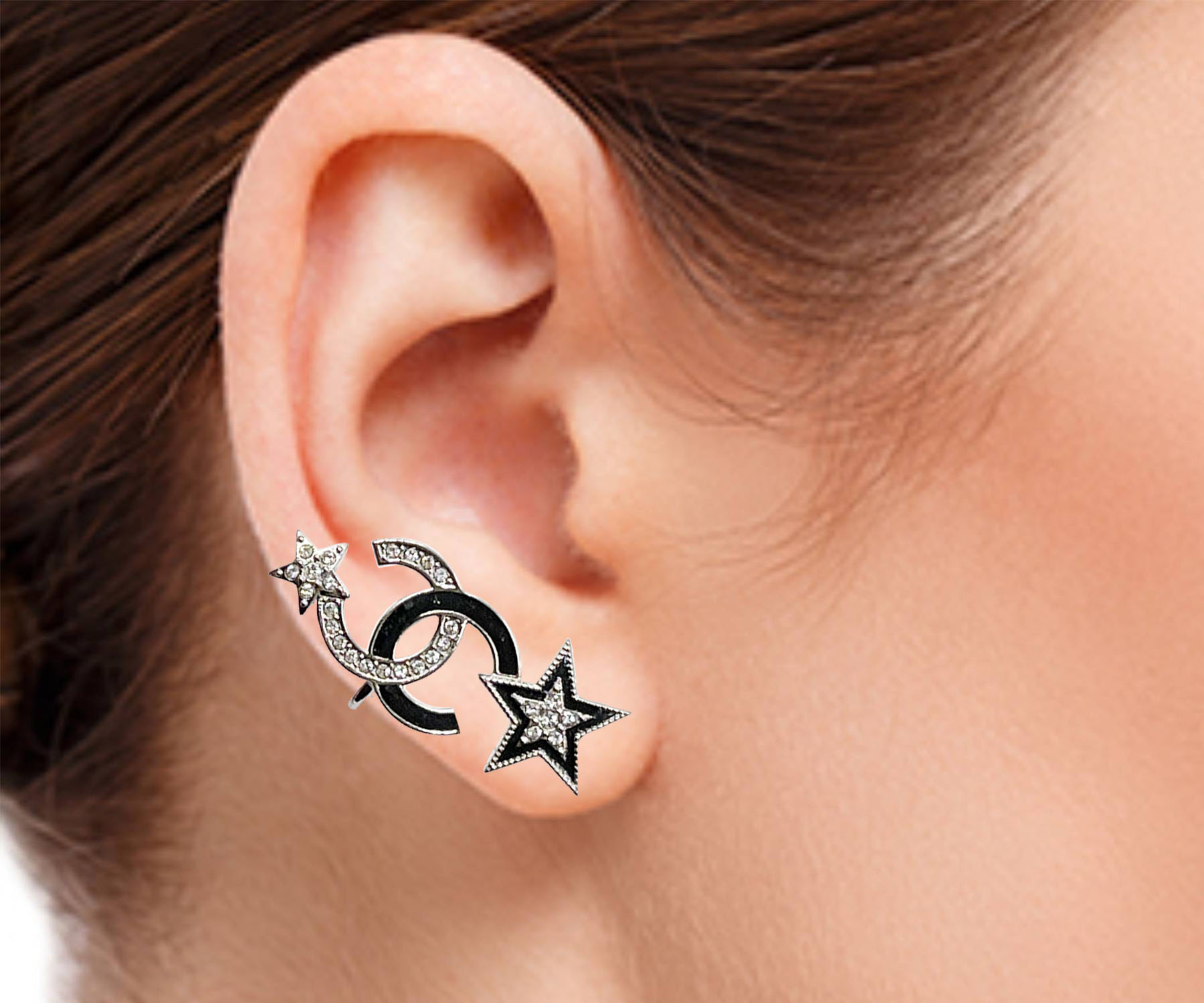 Sil Cc Crystal Blk Enamel Star Ear Cuff Piercin 3