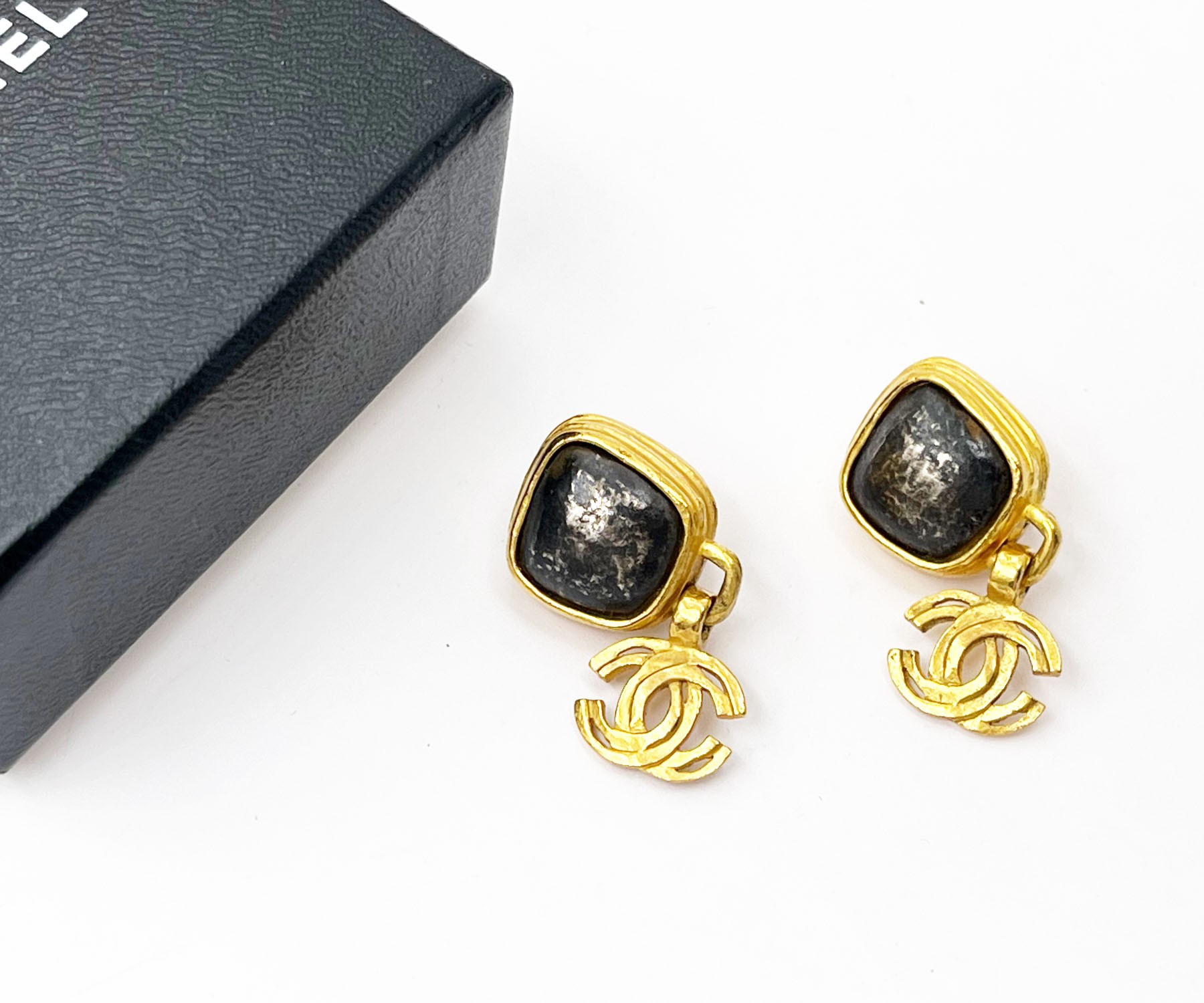 Chanel Vintage Gold Plated Square Brown Stone CC Clip on Earrings