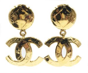 Vintage Chanel Gold Plated Plaid Stitching Cc Dangle Clip On Pixie 1 Jpg