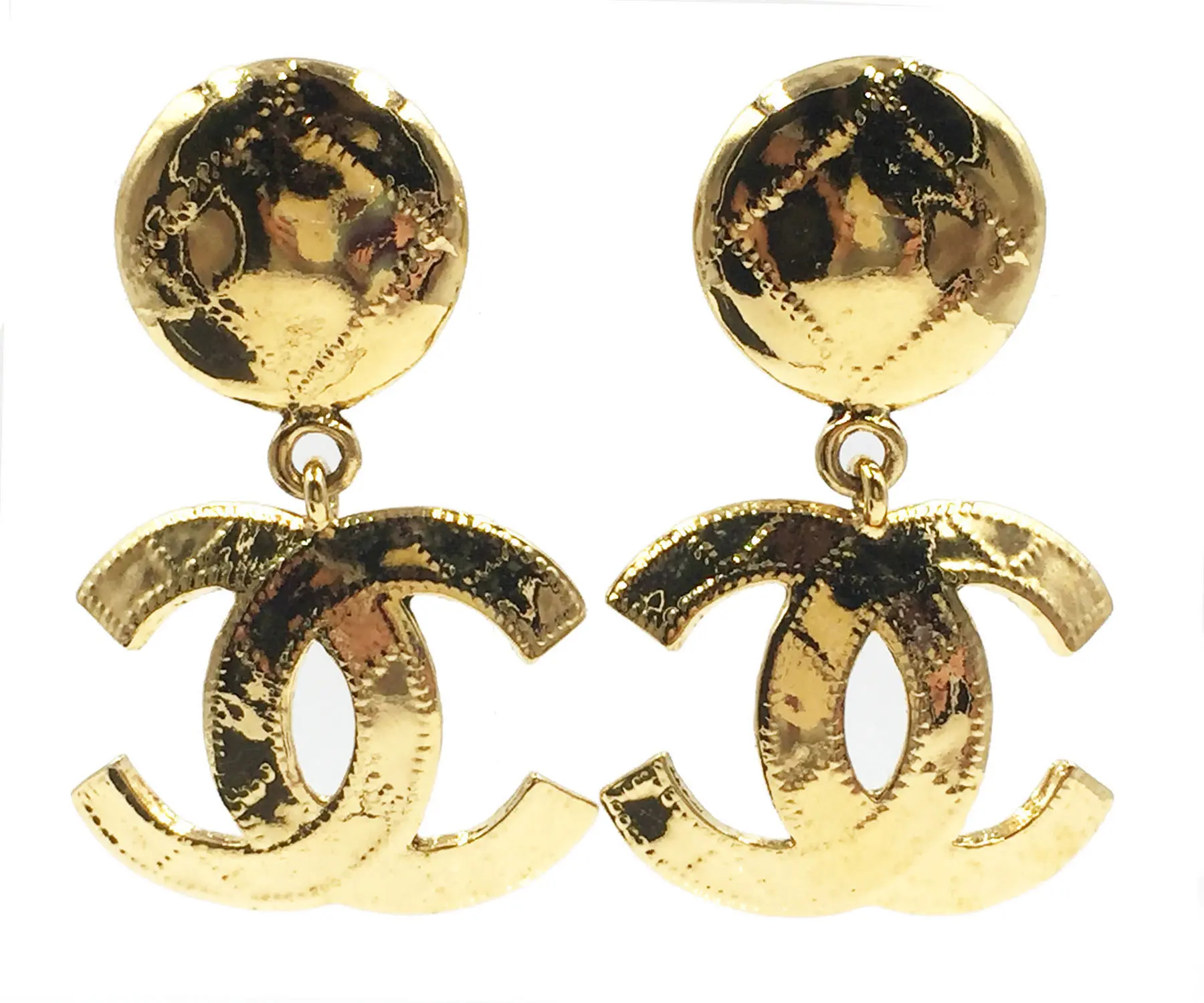 Vintage Chanel Gold Plated Plaid Stitching Cc Dangle Clip On Pixie 1 Jpg