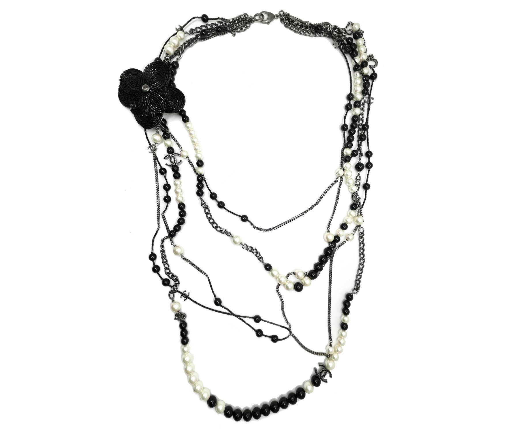 Blk Cc Beaded Flower Blk Bead Pearl Strand Nk