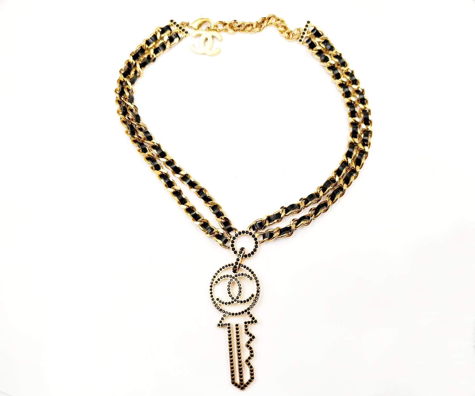 Gp Cc Key Blk Crystal Double Leather Chain Nk