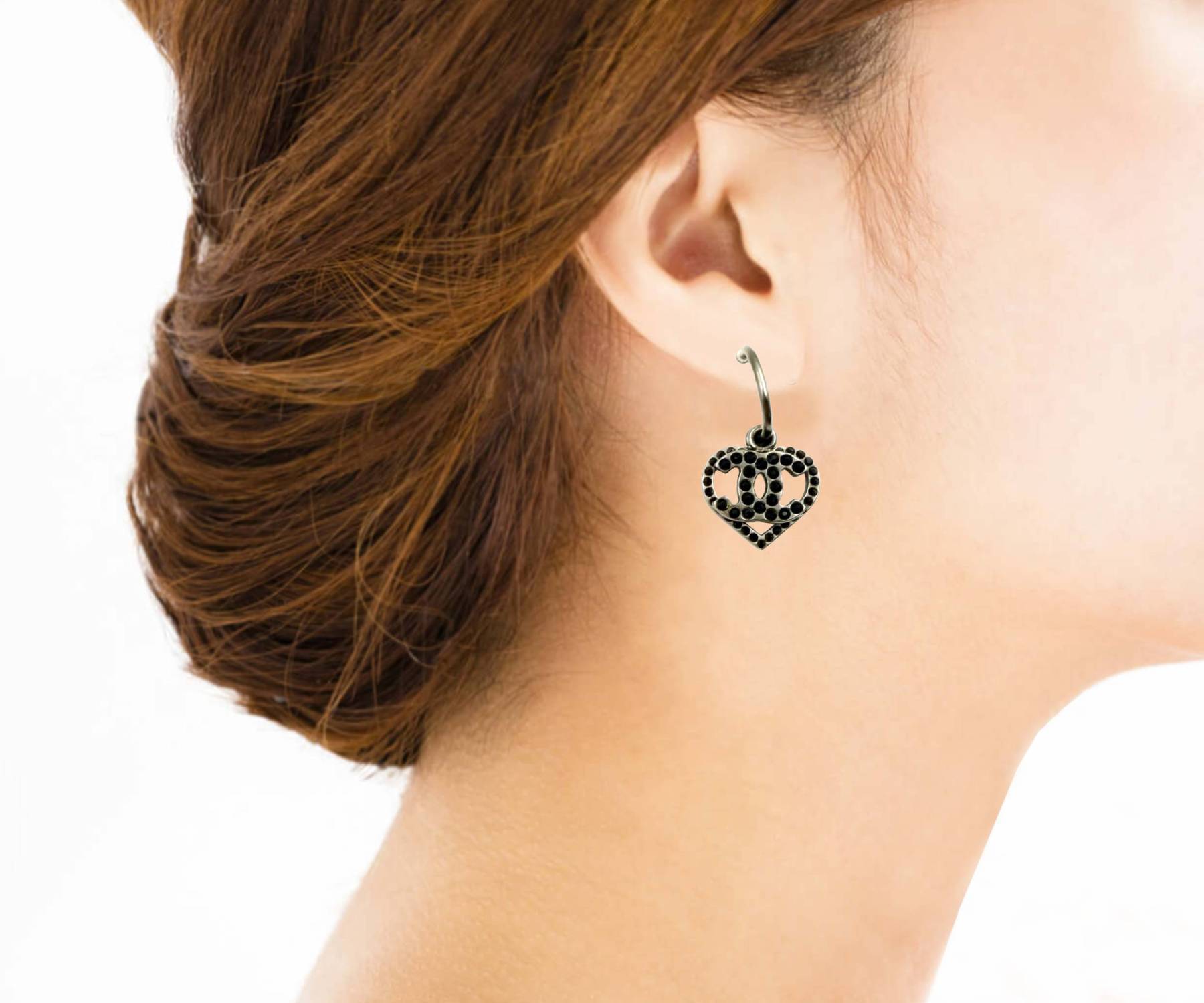 Sil Heart Cc Blk Crystal Hoop