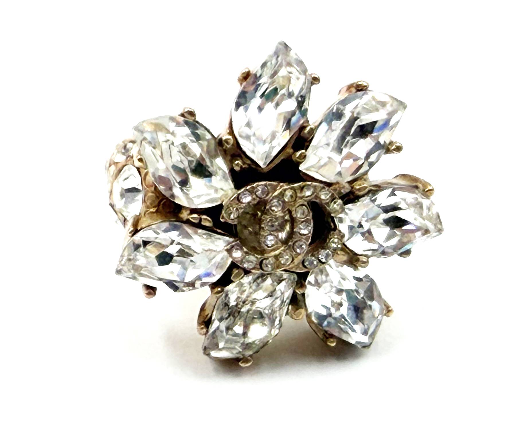 Chanel Vintage Gold Plated CC Marquise Crystal Flower Ring